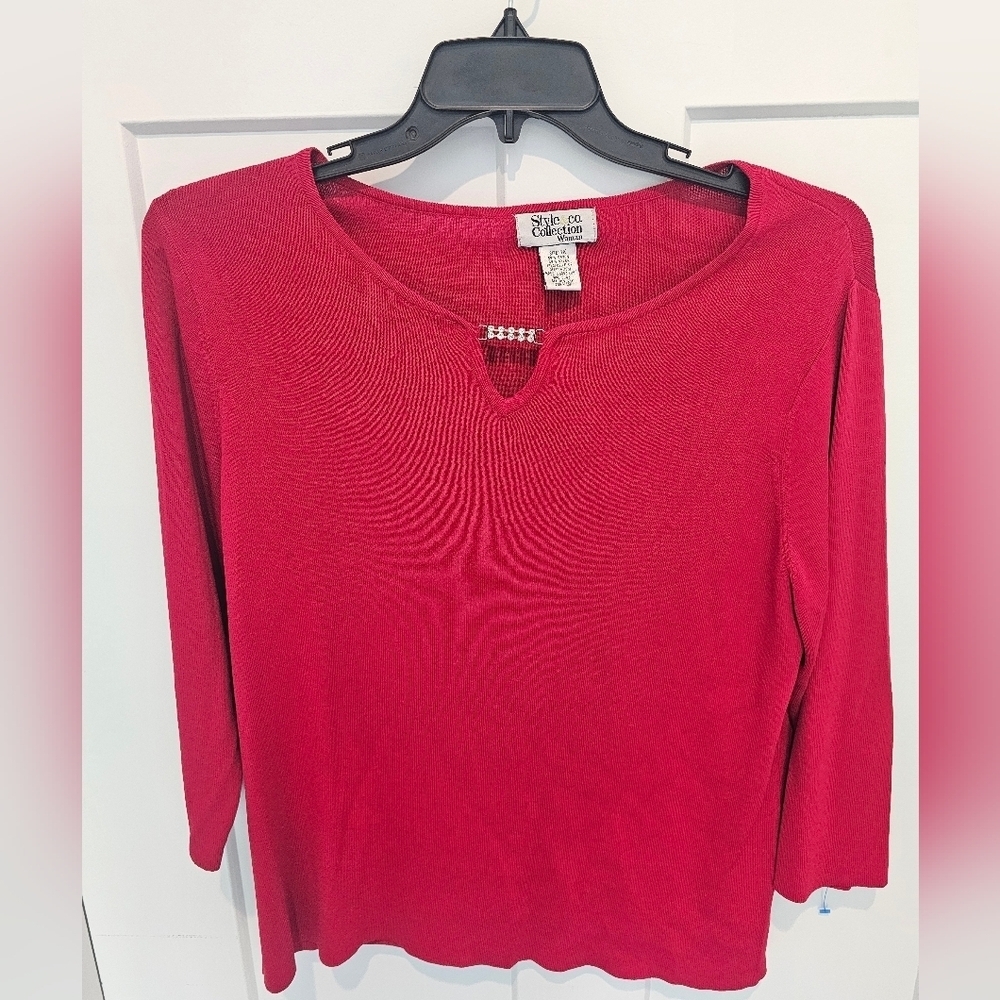 Style & Co Woman 1X Red Top with Rhinestone Neckline Detail